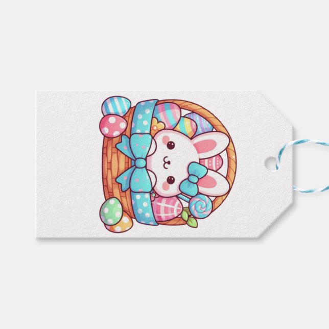 Étiquettes-cadeau Joli panier de lapin de Pâques (Devant (Horizontal))