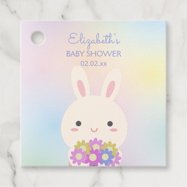 Étiquettes Cadeau Joli Petit Lapin & Fleurs Baby Girl Douche Party (Devant)