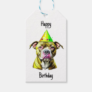 Étiquettes-cadeau Joli Pitbull avec chapeau d'anniversaire à et de