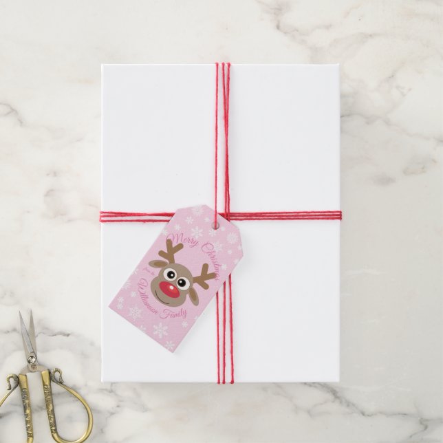 Étiquettes-cadeau Joli renne de Noël rose Nom de script Girly (Avec de la ficelle)