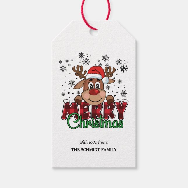 Étiquettes-cadeau Joli Renne en Chapeau de Père Noël | Joyeux Noël  (Devant)