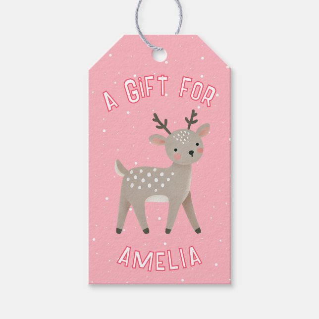 Étiquettes-cadeau Joli Renne Rose Nom de l'Enfant Noël  (Devant)