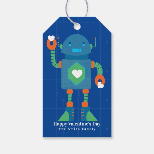 Étiquettes-cadeau Joli Robot Joyeuse Saint-Valentin Bleu (Devant)