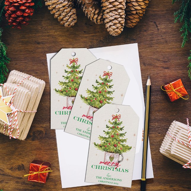 Étiquettes-cadeau Joli sapin de Noël vert dans un pot, cadeau de fêt (Pretty Green Christmas Tree In Pot Holiday Favor Gift Tags)