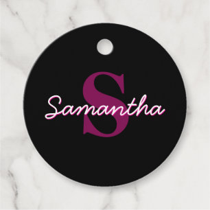 Étiquettes Cadeau Joli script de monogramme rose et noir personnalis