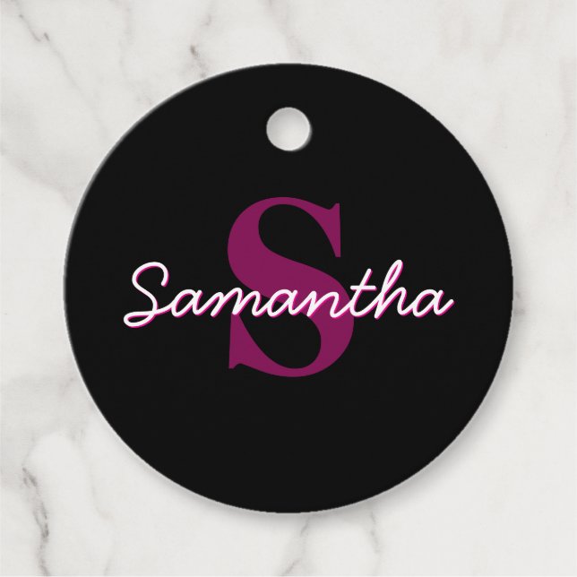 Étiquettes Cadeau Joli script de monogramme rose et noir personnalis (Devant)