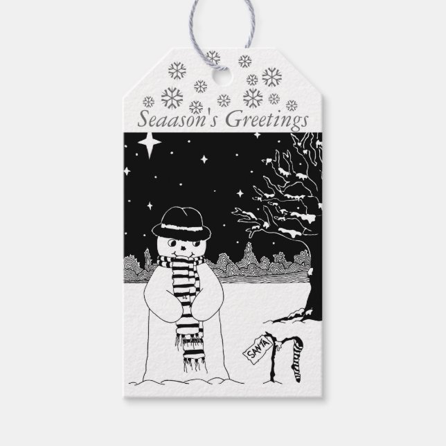 Étiquettes-cadeau Joli snowman design noir et blanc Noël (Devant)