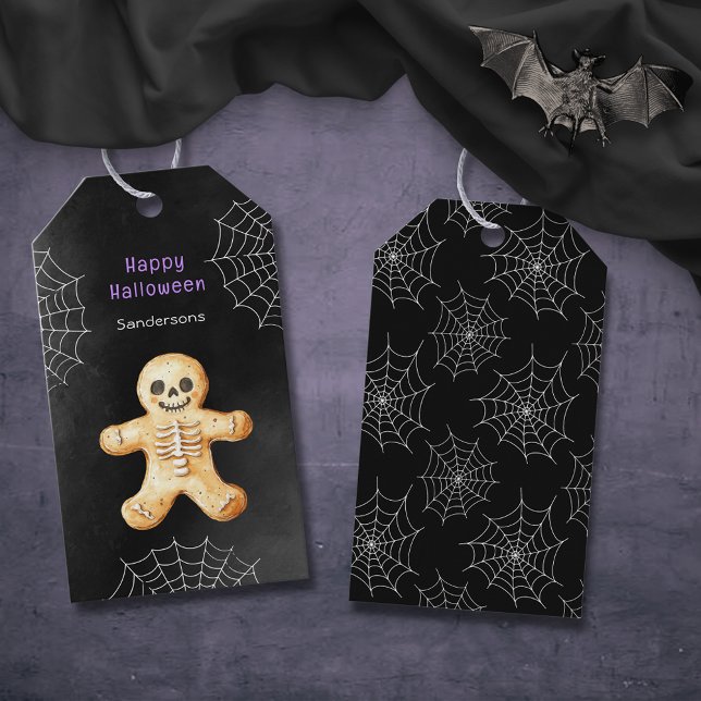 Étiquettes-cadeau Joli squelette de cookie Halloween noir (Créateur téléchargé)