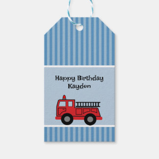 Étiquettes-cadeau Joli tag de naissance de camion de pompiers bleu e