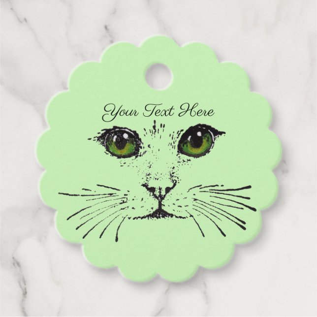 Étiquettes Cadeau Joli visage de chat noir dessin brillant yeux vert (Devant)