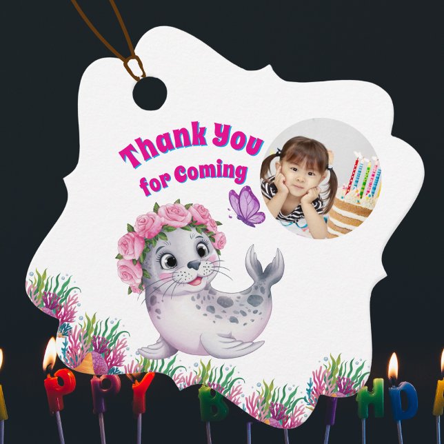 Étiquettes Cadeau Joli Whimsical Floral Sea Lion Photo Anniversaire (Créateur téléchargé)