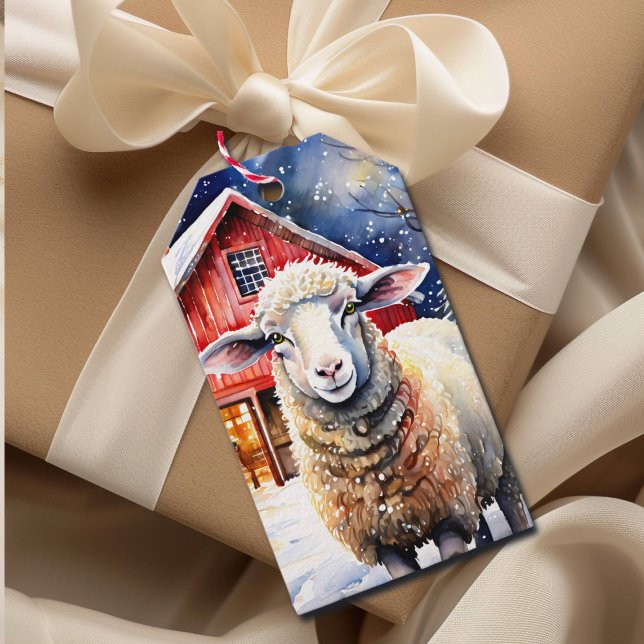 Étiquettes-cadeau Jolie aquarelle Moutons de Noël et Grange rustique (Créateur téléchargé)