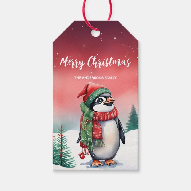 Étiquettes-cadeau Jolie aquarelle Penguin Père Noël fête de Noël enf (Devant)