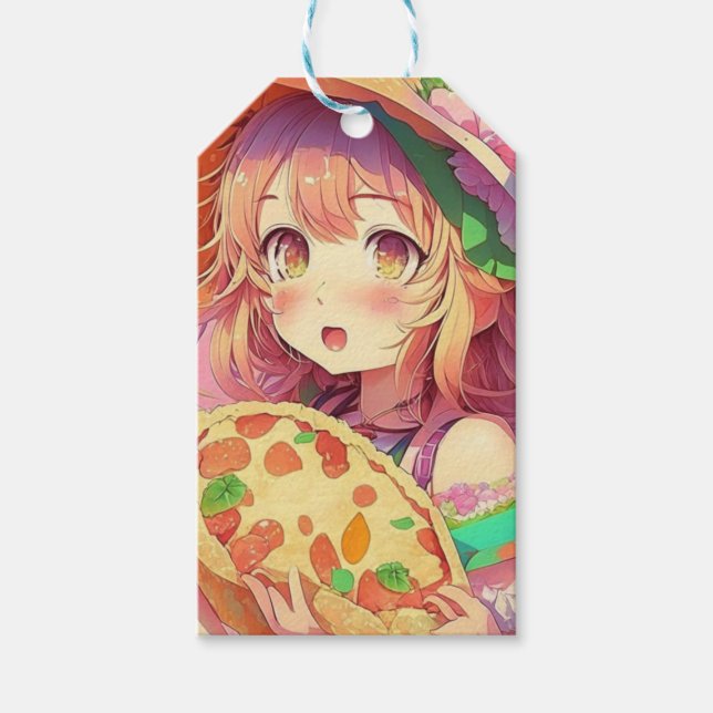 Étiquettes-cadeau Jolie fille Anime tenant une pizza (Devant)