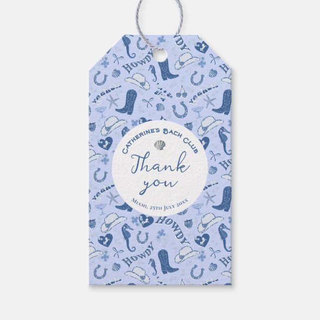Étiquettes-cadeau Jolie fille bleue cowgirl côtière rayée Merci (Devant)
