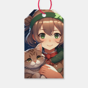 Étiquettes-cadeau Jolie Fille d'Anime Tenant un Chaton Noël