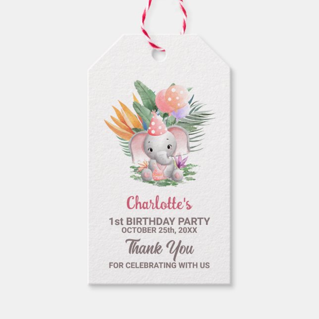 Étiquettes-cadeau Jolie Fille Éléphant 1er Anniversaire Merci (Devant)