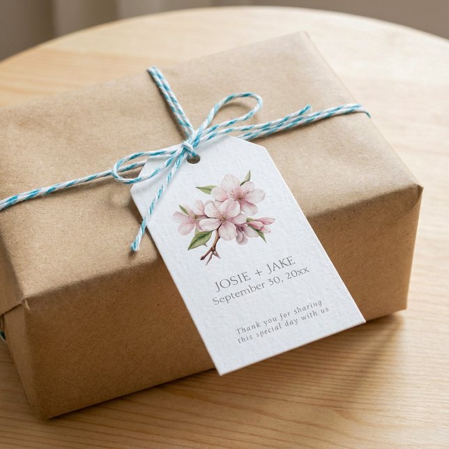 Étiquettes-cadeau Jolie Fleur de Fleur de Fleur de Fleur de Cerisier (Pretty Pink Cherry Blossom flower Wedding favor Gift Tags with names, date and thank you message.)