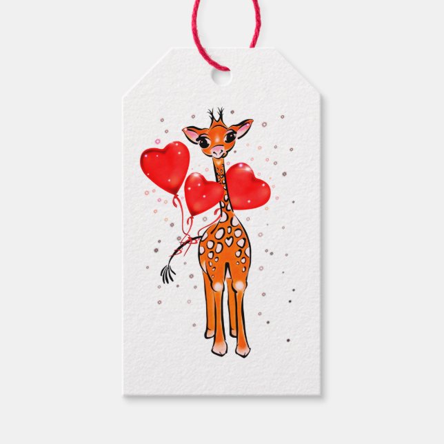 Étiquettes-cadeau Jolie girafe de Saint-Valentin avec ballons de coe (Devant)