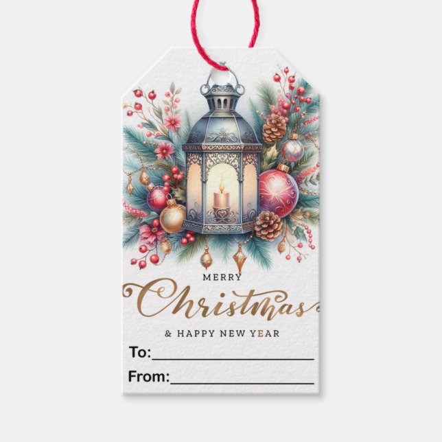 Étiquettes-cadeau Jolie lanterne Joyeux Noël/Bonne année (Devant)