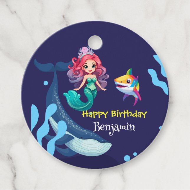 Étiquettes Cadeau Jolie sirène requin baleine arc-en-ciel anniversai (Devant)