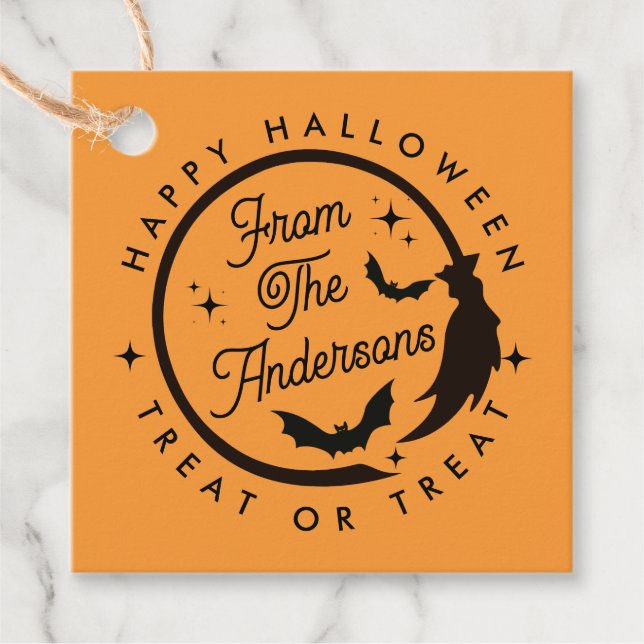 Étiquettes Cadeau Jolie sorcière Halloween Traiter ou traiter Favori (Devant)