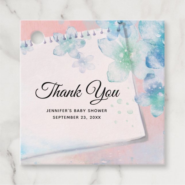 Étiquettes Cadeau Jolies fleurs bleues sur Baby shower rose (Devant)