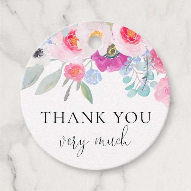 Étiquettes Cadeau Jolis Anémones Aquarelle Rose Merci (Devant)