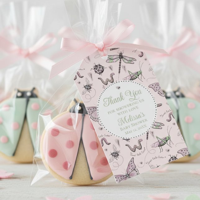 Étiquettes-cadeau Jolis Insectes Roses Merci (Cute Garden Bugs Girl Baby Shower Pink & Sage Green Favor Tags Elegant Insect, Heart Pattern for Her)