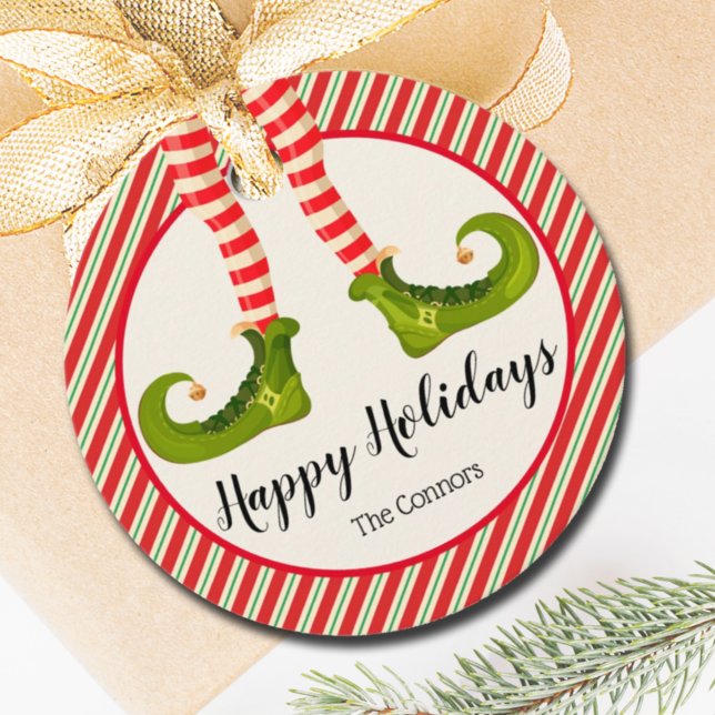 Étiquettes Cadeau Jolly Christmas Elf Legs Vacances TOUR (Jolly Christmas Elf Legs Stripes Holiday ROUND Favor Tags)