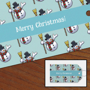 Étiquettes-cadeau Jolly Snowman Joyeux Noël Pixel Motif d'art