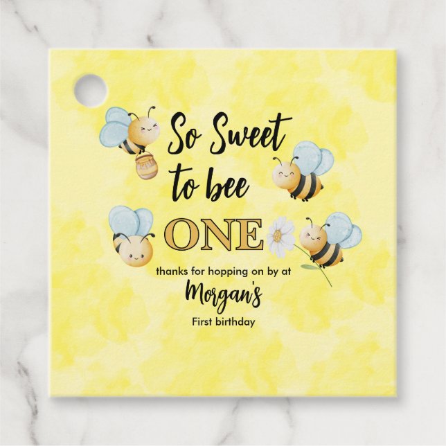Étiquettes Cadeau Jote Bee One Jaune Noir Premier Anniversaire (Devant)