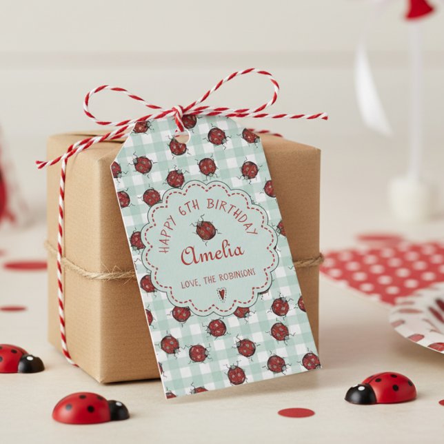 Étiquettes-cadeau Jote Red Ladybug & Turquoise En vichy Motif Enfant (Cute Red and Black Ladybug Gift Tags for Ladybug Kids Birthday Party, Insect Lover or Nature Lover)