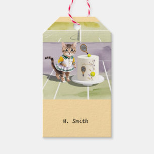 Étiquettes-cadeau Joueur de tennis de chat au court avec gâteau d'an