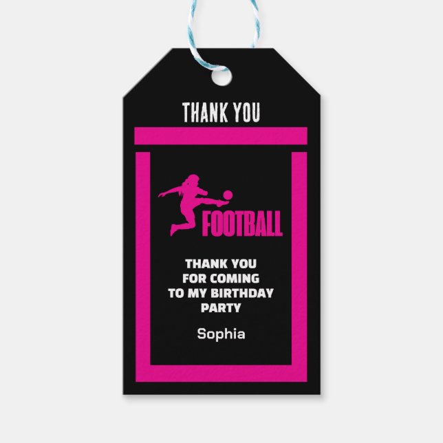 Étiquettes-cadeau Joueuse de football rose, Équipe fille d'anniversa (Devant)