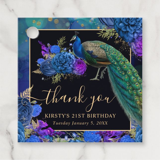 Étiquettes Cadeau Jour d'anniversaire du paon floral bleu et violet (Devant)
