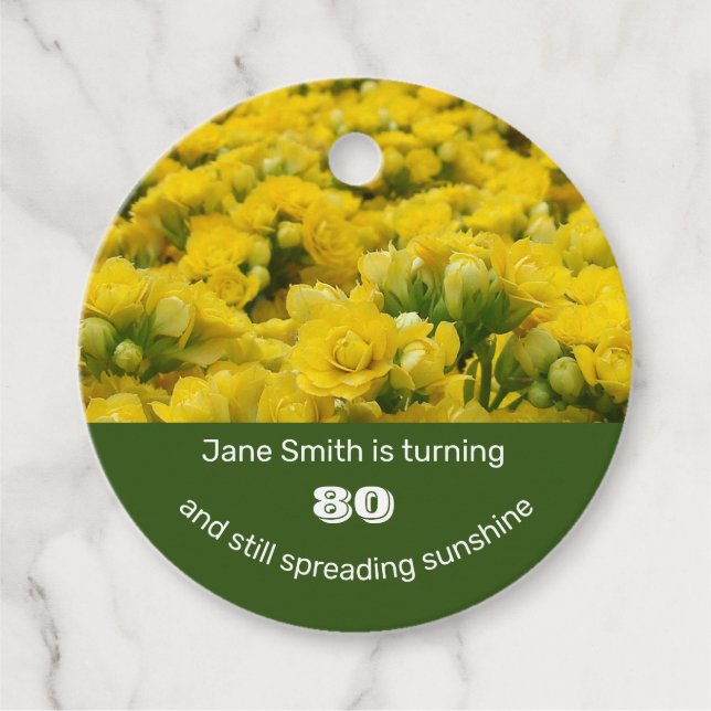 Étiquettes Cadeau Jour d'anniversaire Jaune brillant Floral 80e (Devant)