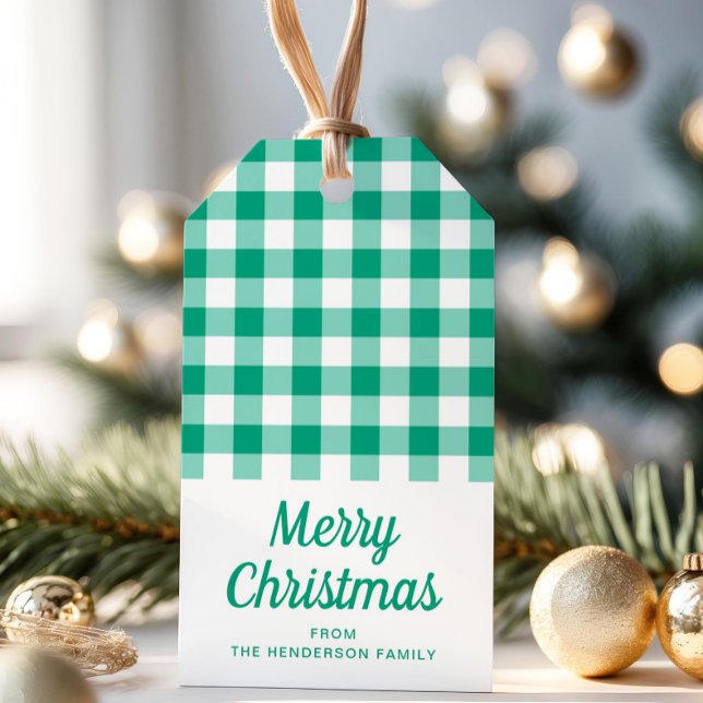 Étiquettes-cadeau Jour de Noël En vichy Écran Vert (Green Checked Gingham Script Christmas Gift Tags)