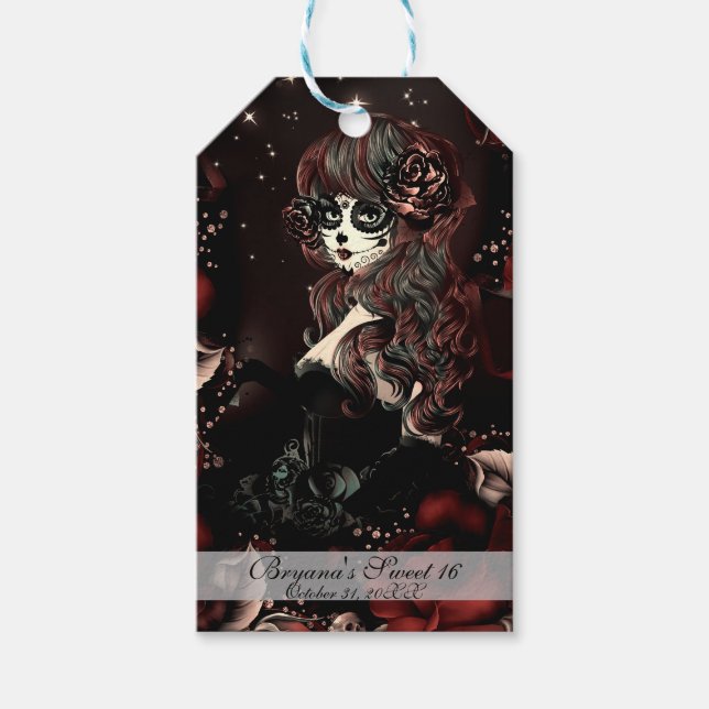Étiquettes-cadeau Jour des Mexicains morts Fille Anniversaire Rouge (Devant)