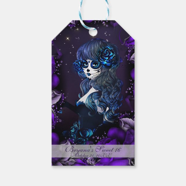 Étiquettes-cadeau Jour des Morts Mexicaine Fille Anniversaire Purple (Devant)
