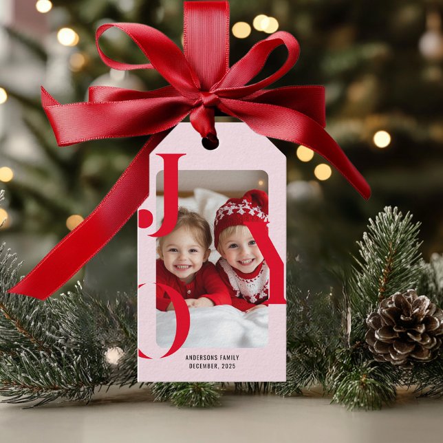 Étiquettes-cadeau JOY | Cadeau photo moderne rouge et rose de Noël (Créateur téléchargé)