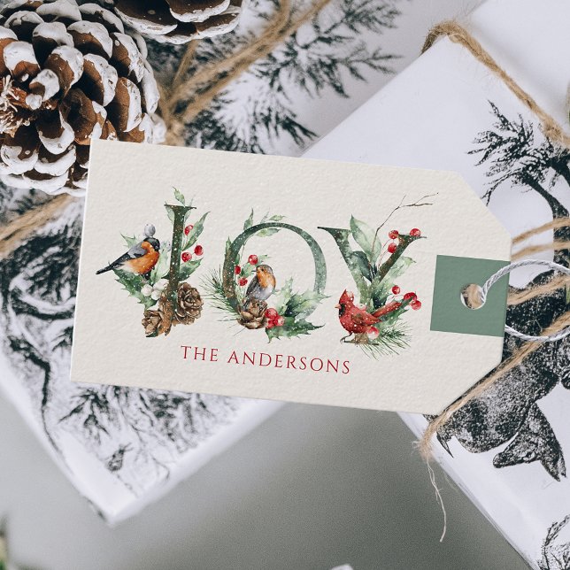 Étiquettes-cadeau JOY Pine Cone Red Berry Birds Christmas Holiday (Créateur téléchargé)