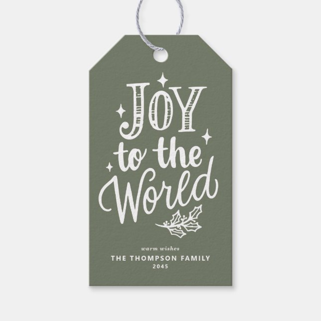 Étiquettes-cadeau Joy to the World Lettering Taupe Green Christmas (Devant)