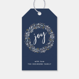 Étiquettes-cadeau Joy Watercolor Botanique Wreath Christmas Blue