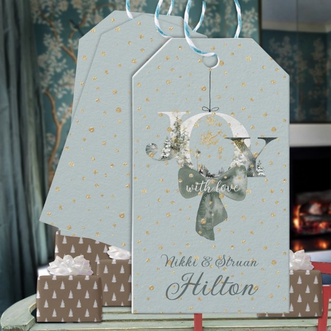 Étiquettes-cadeau Joy Winter Woodland Forest Letting Gold Snow (Joy Winter Woodland Forest Lettering Gold Snow Christmas Holiday Gift Wrapping Name Tag
)