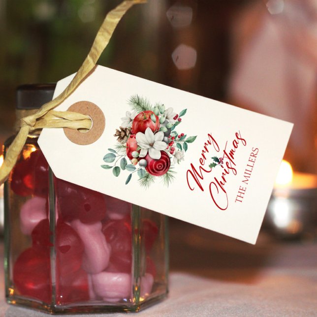 Étiquettes-cadeau Joyeuse ambiance de Noël fleurs et bouquet de pomm (Créateur téléchargé)