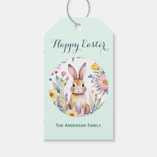 Étiquettes-cadeau Joyeuse Aquarelle de Pâques Bunny Mint Green (Devant)