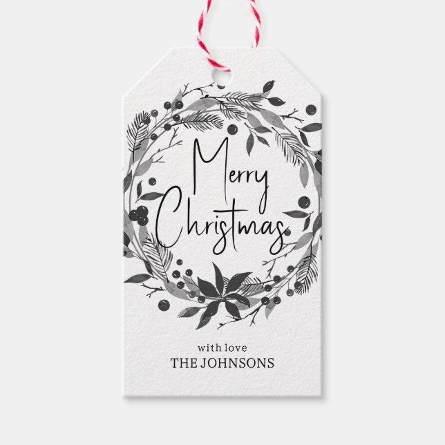 Étiquettes-cadeau Joyeuse couronne de Noël Holly Script noir blanc (Devant)