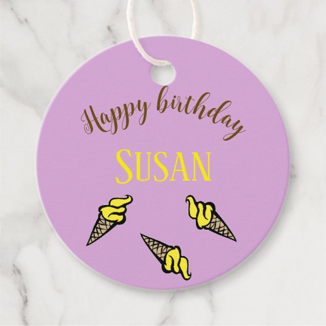 Étiquettes Cadeau Joyeuse crème glacée jaune d'anniversaire sur viol (Devant)