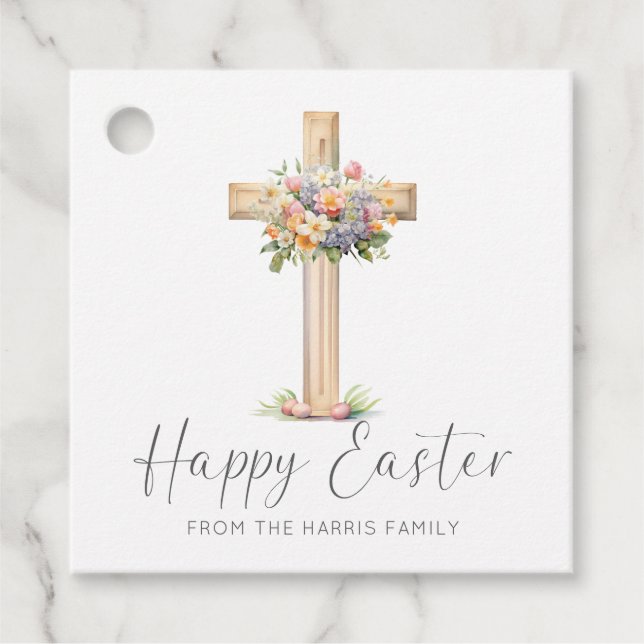 Étiquettes Cadeau Joyeuse croix de Pâques Floral (Devant)